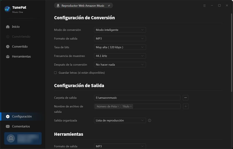 configuración de salida y conversión