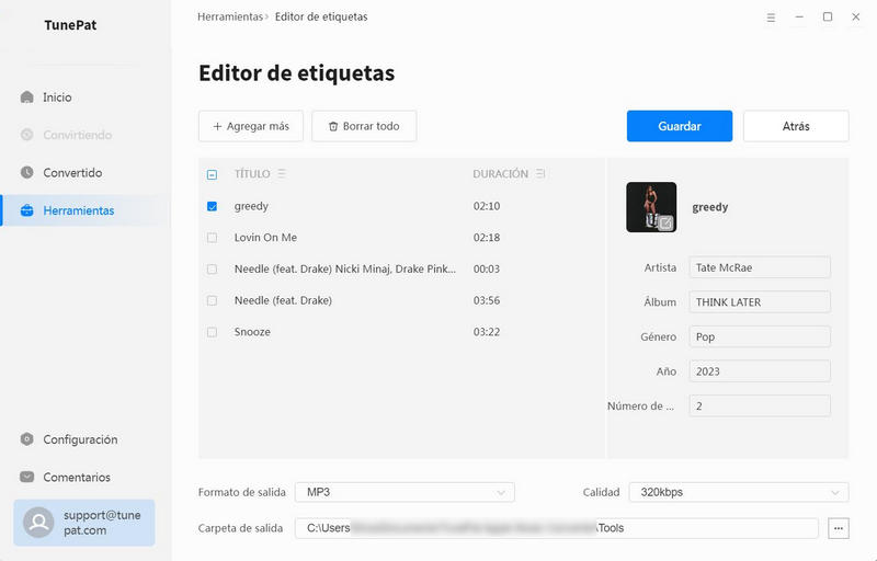 editar etiqueta en tunepat