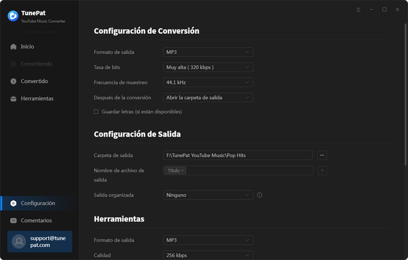 configuración del tunepat youtube converter