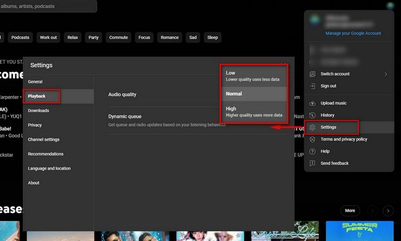 change youtube music quality on web