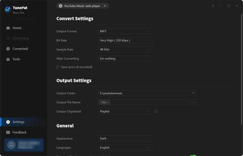 finish tunepat music one settings