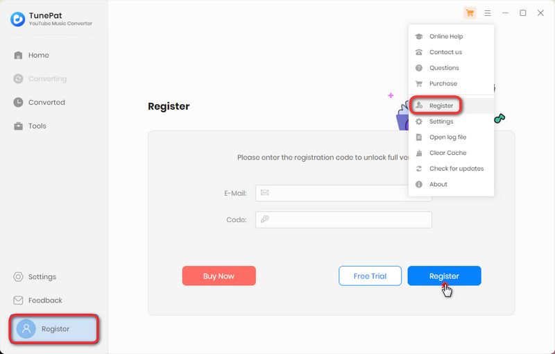 Register TunePat YouTube Music Converter